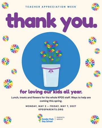 Flyer: Teacher Appreciation Week. Thank you for loving our kids all year. May 3–7, 2027.