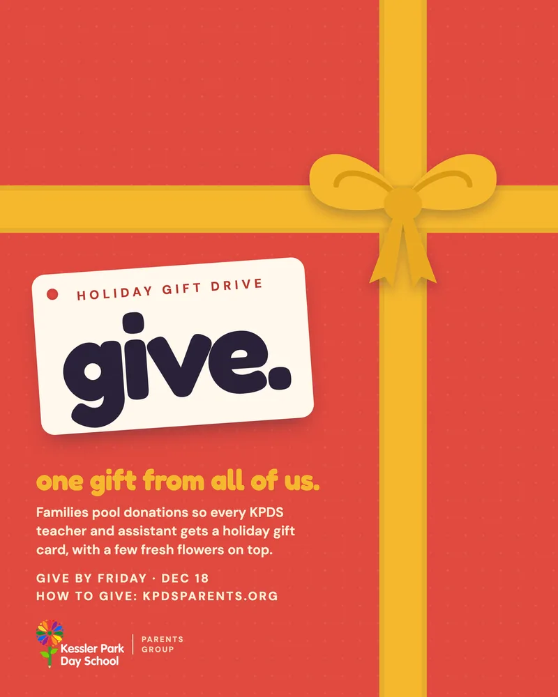 Flyer: Holiday gift drive. Give: one gift from all of us. Give by Friday, Dec 18.