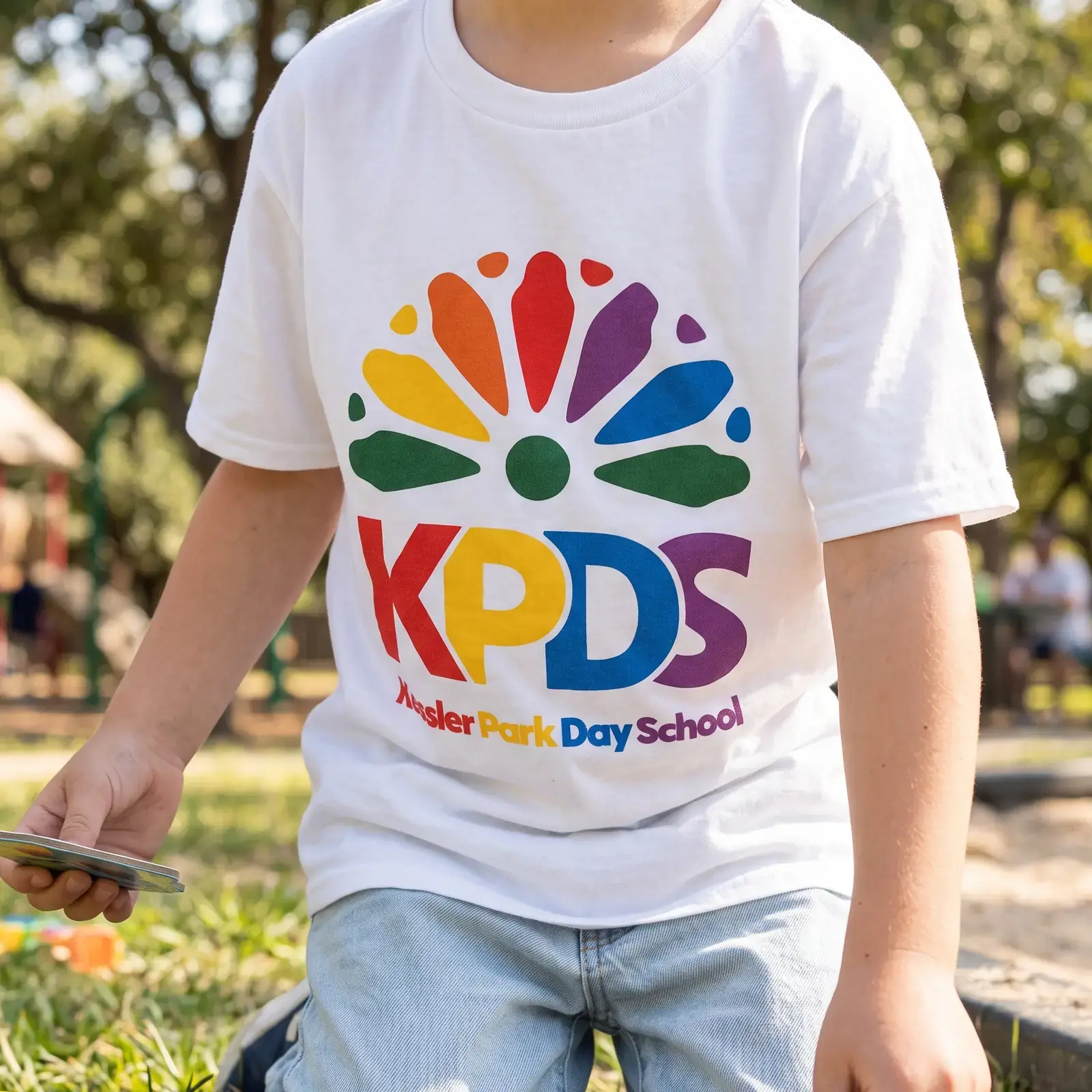 White kids tee with the rainbow KPDS logo
